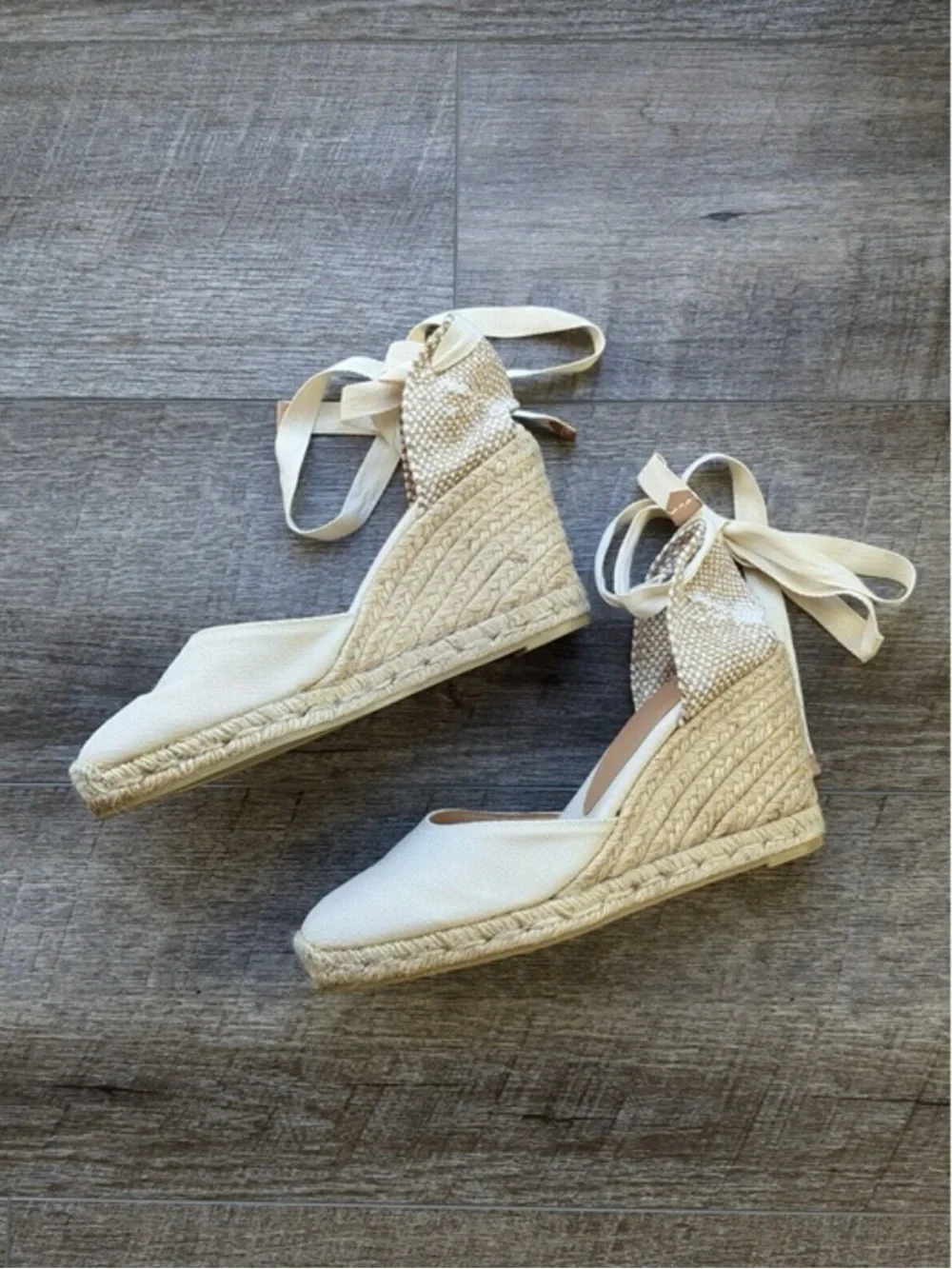 Castañer Carina Sz 8/38 Linen Ankle Tie Espadrille Wedge Heel Wrap Strap Sandals